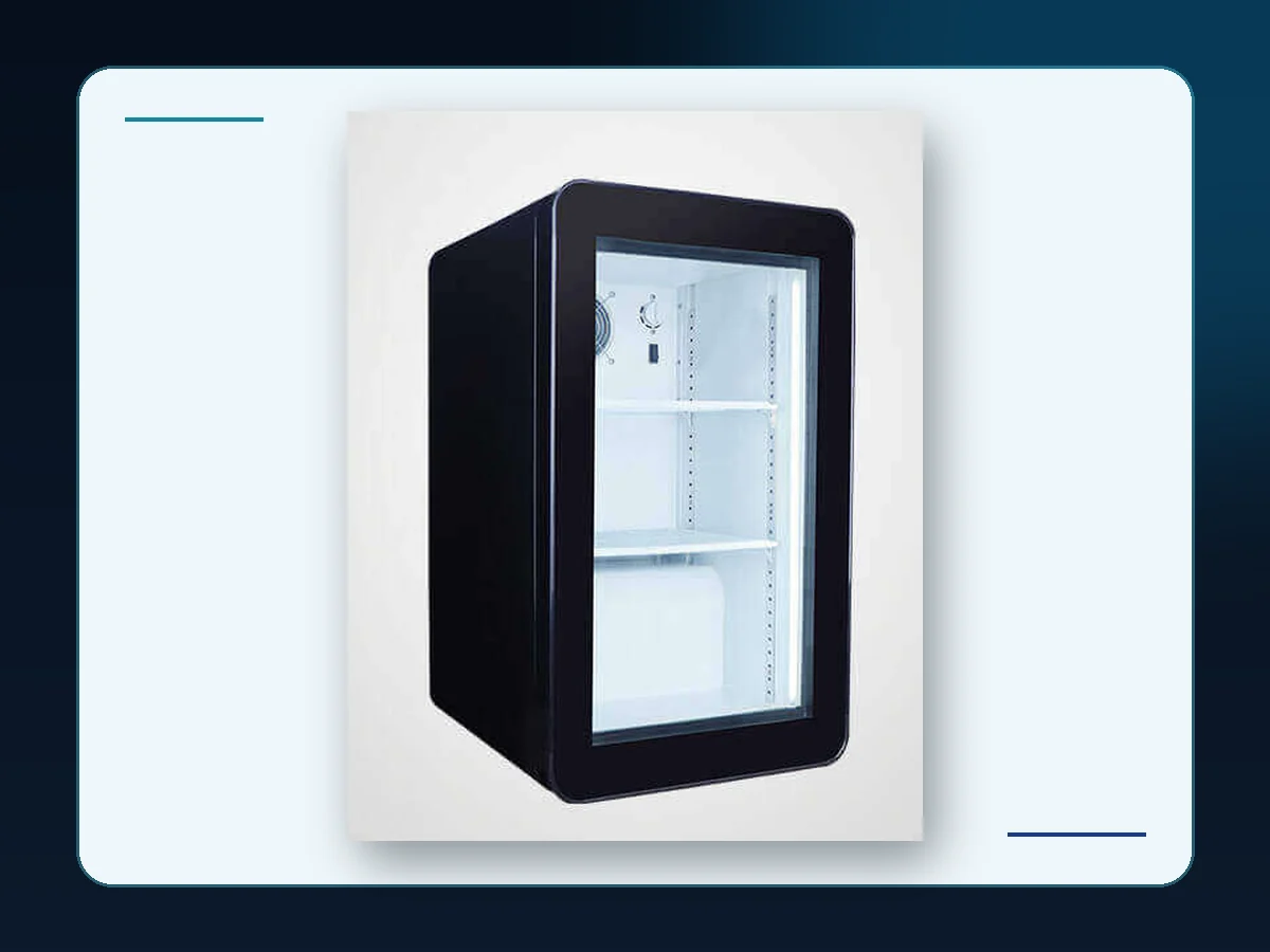 Markool Black Counter Glass Cooler: black box cabinet with a tall framed glass door and visible shelves