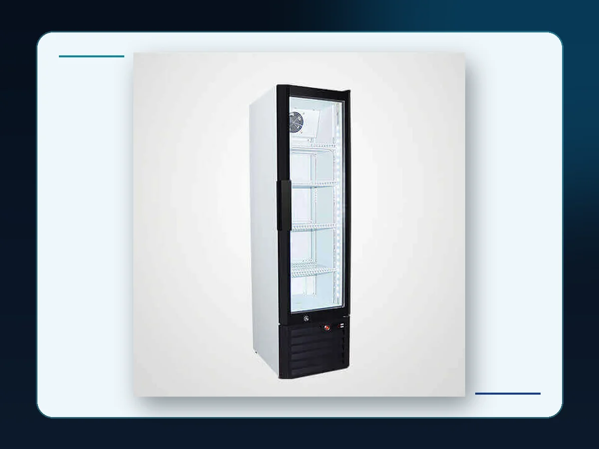 Markool Slim Tower Glass Cooler: very narrow vertical glass cabinet with a compact equipment base