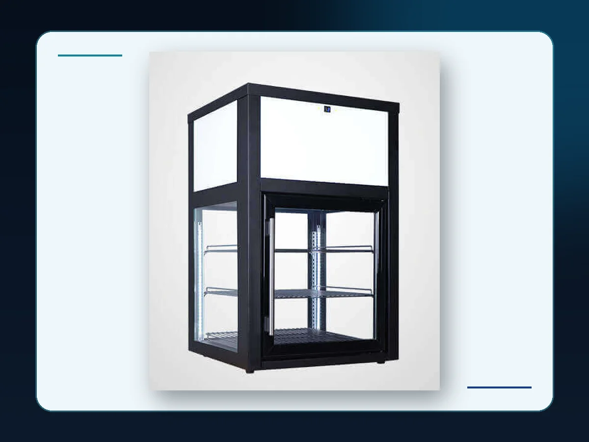 Markool Four-Sided Glass Showcase Cooler: square glass showcase with visibility from multiple sides