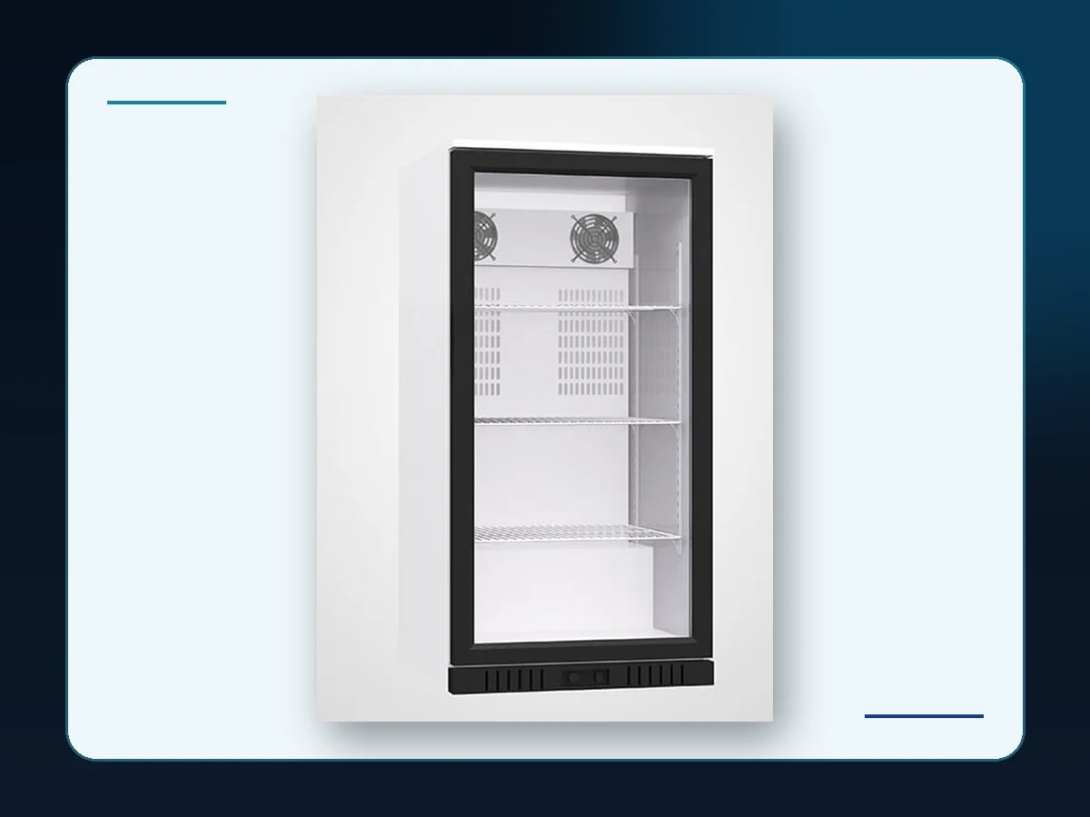 Markool Wall-Mount Glass Display Fridge: shallow framed glass cabinet designed around front product visibility