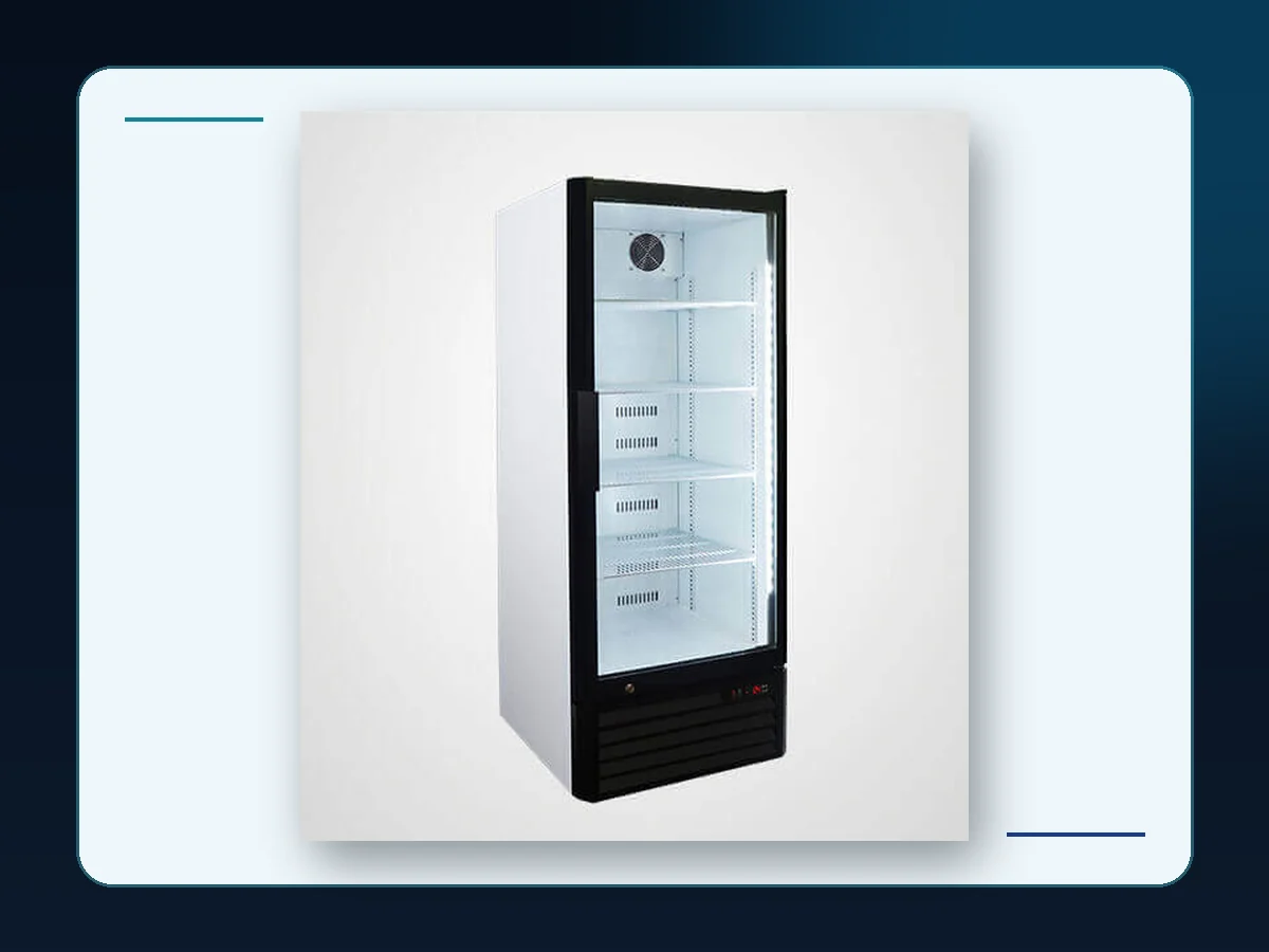 Markool Angled Glass Merchandising Cooler: tall glass-front cabinet presented at a three-quarter angle