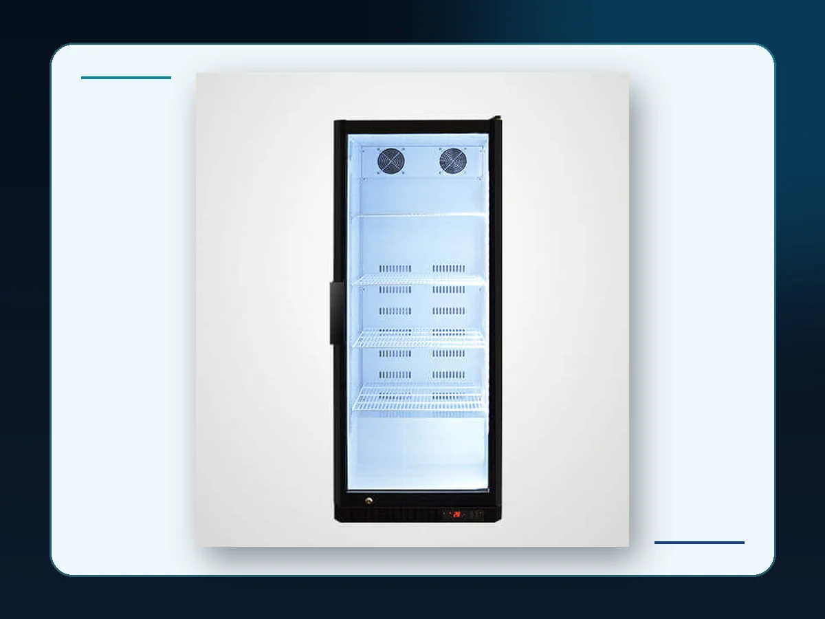 Markool Digital-Panel Glass Showcase: full-height transparent cabinet with a dark perimeter and lower display panel