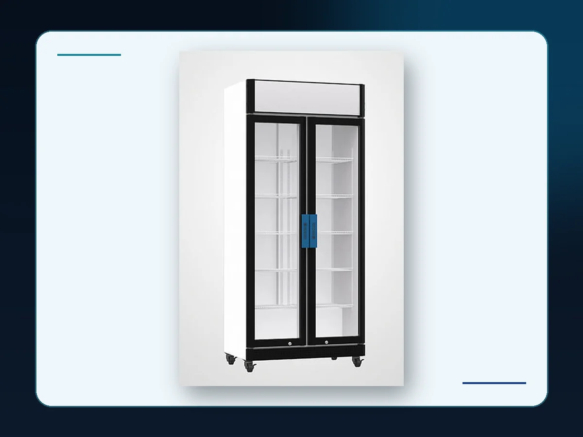 Markool Double-Door Glass Display Cooler: wide clear-front cabinet with two vertical glass doors and caster base