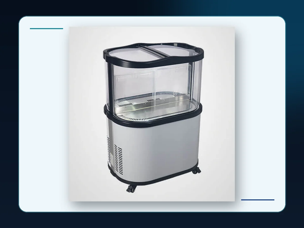 Markool Silver Mobile Freshbox: rounded silver cabinet on casters with a transparent upper showcase