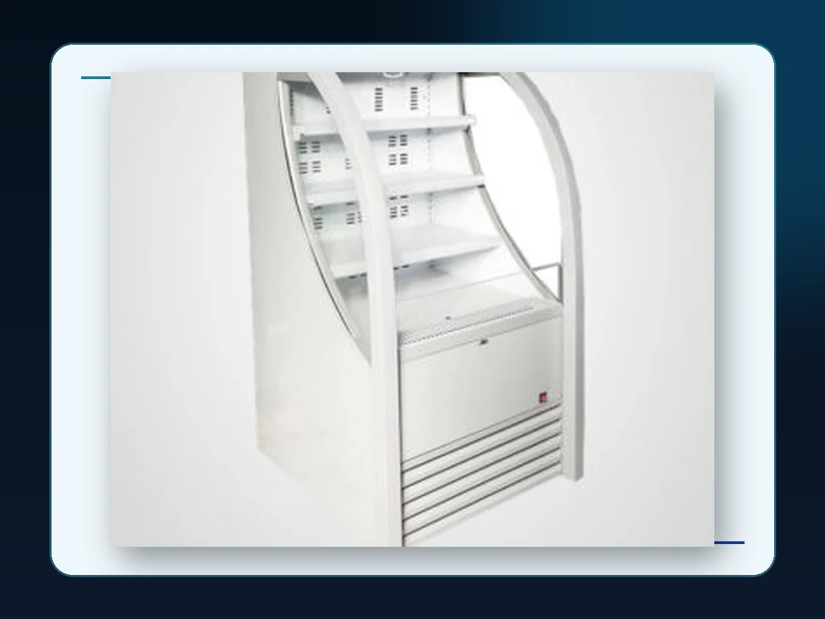 Markool White Curved Open Display Cooler: white open-front cabinet with a curved upper canopy and stepped shelves