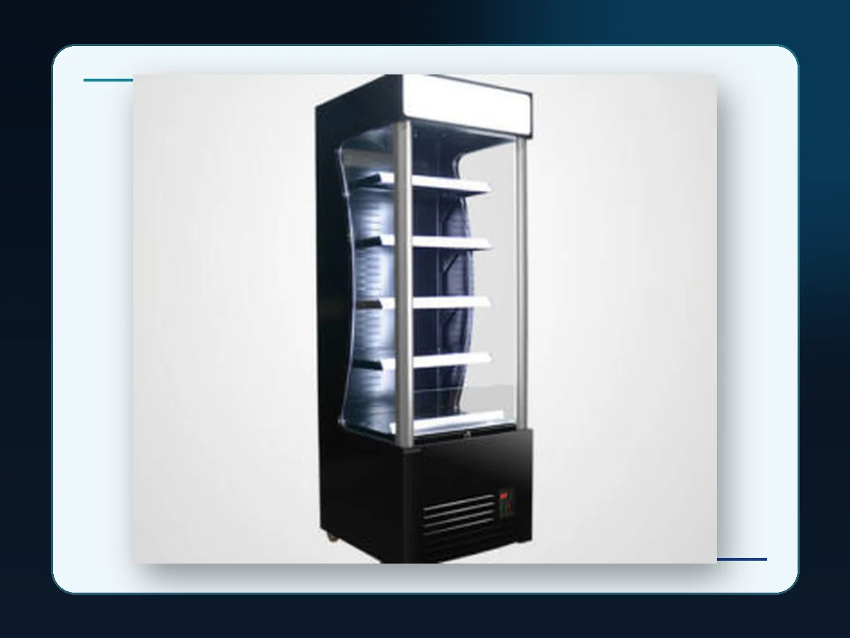 Markool Slim Open-Front Display Chiller: narrow black tower with open shelves and a lit top zone