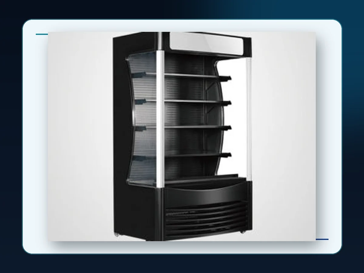 Markool Corner-Post Open Merchandiser: open black cabinet with a distinctive curved vertical support