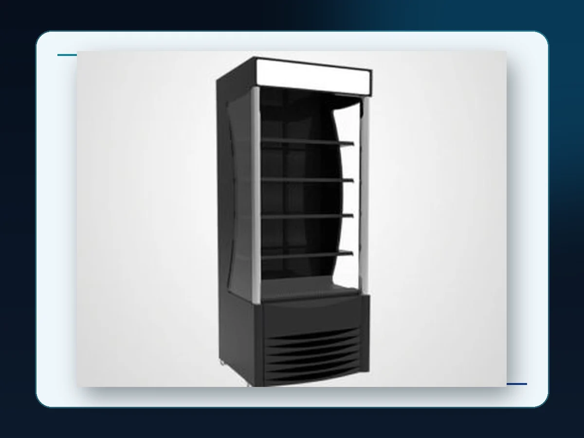 Markool Straight-Shelf Open Display Fridge: black open-front refrigerator with clean horizontal shelf lines