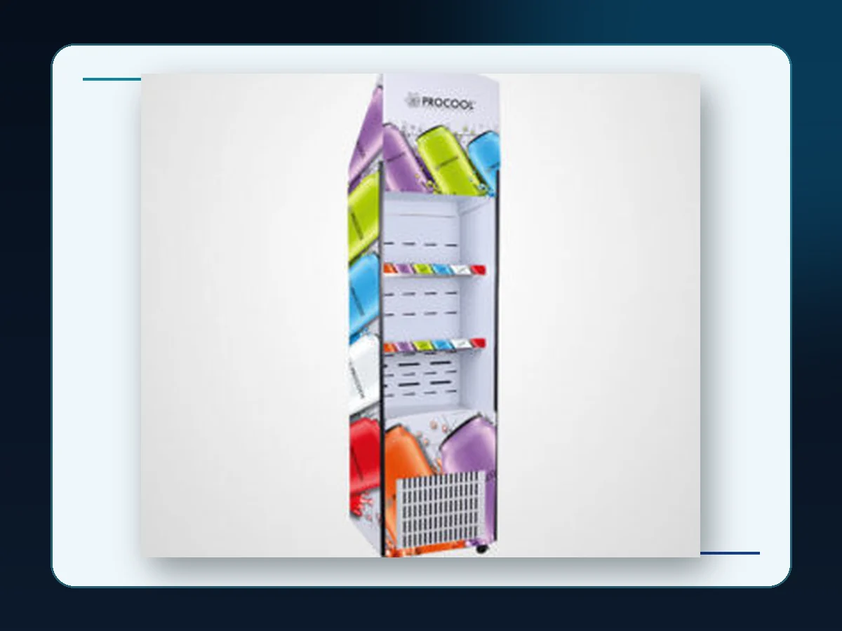 Markool White Floor Merchandising Stand: tall narrow printed floor stand with multiple product shelves