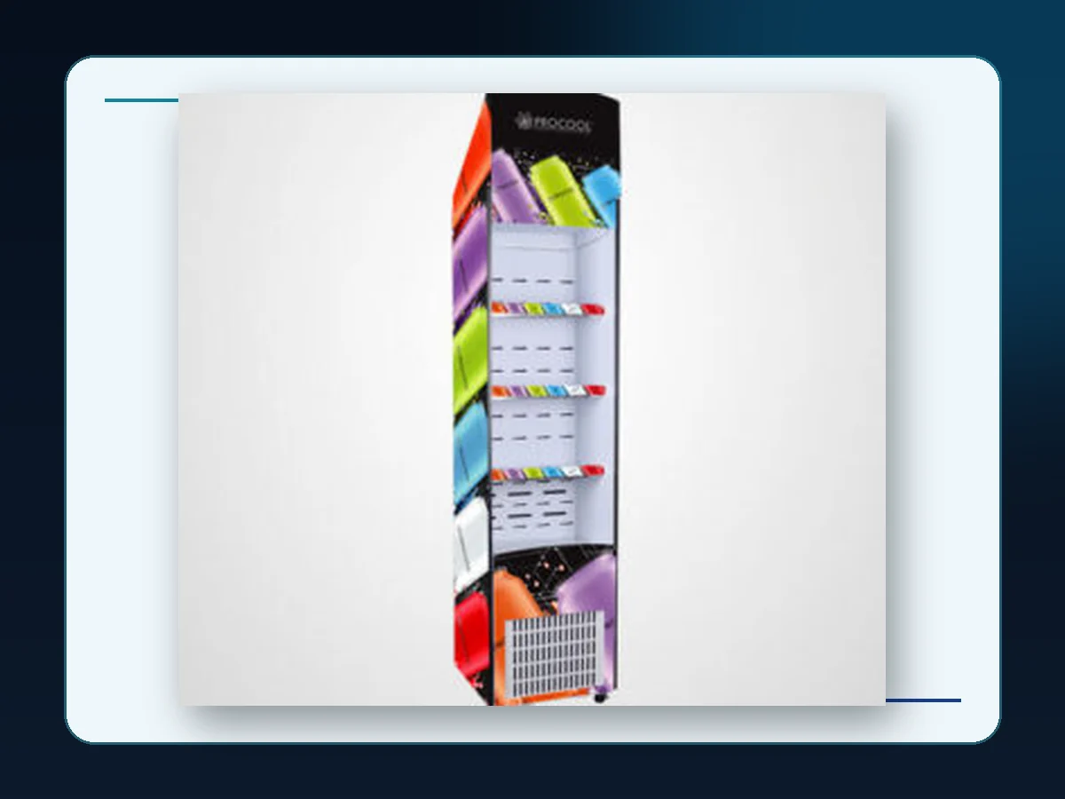 Markool Black Graphic Display Stand: slim black floor unit with a full-height graphic surround