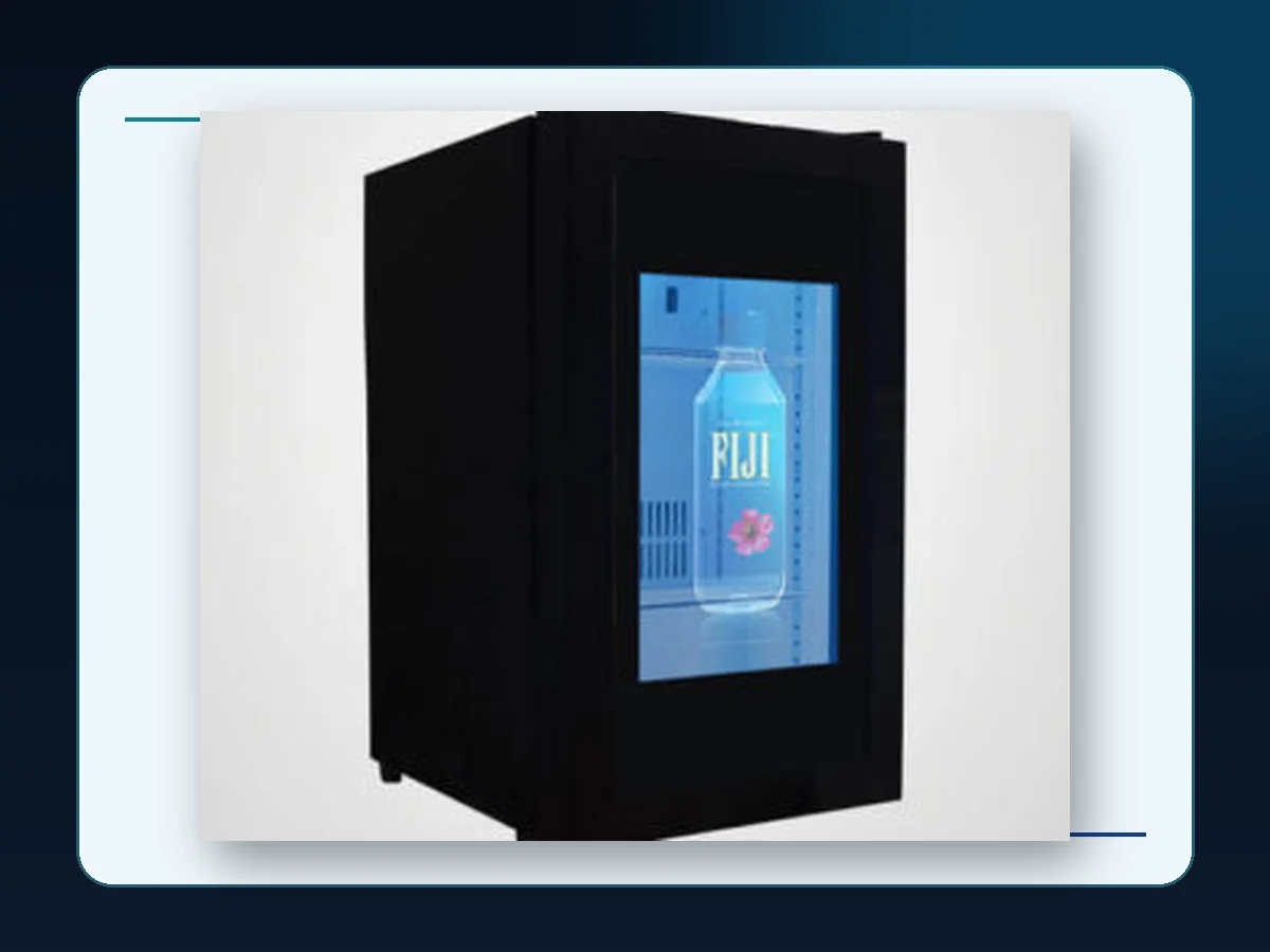 Markool Vertical AdScreen Cooler: black cabinet with a portrait digital screen integrated into the front