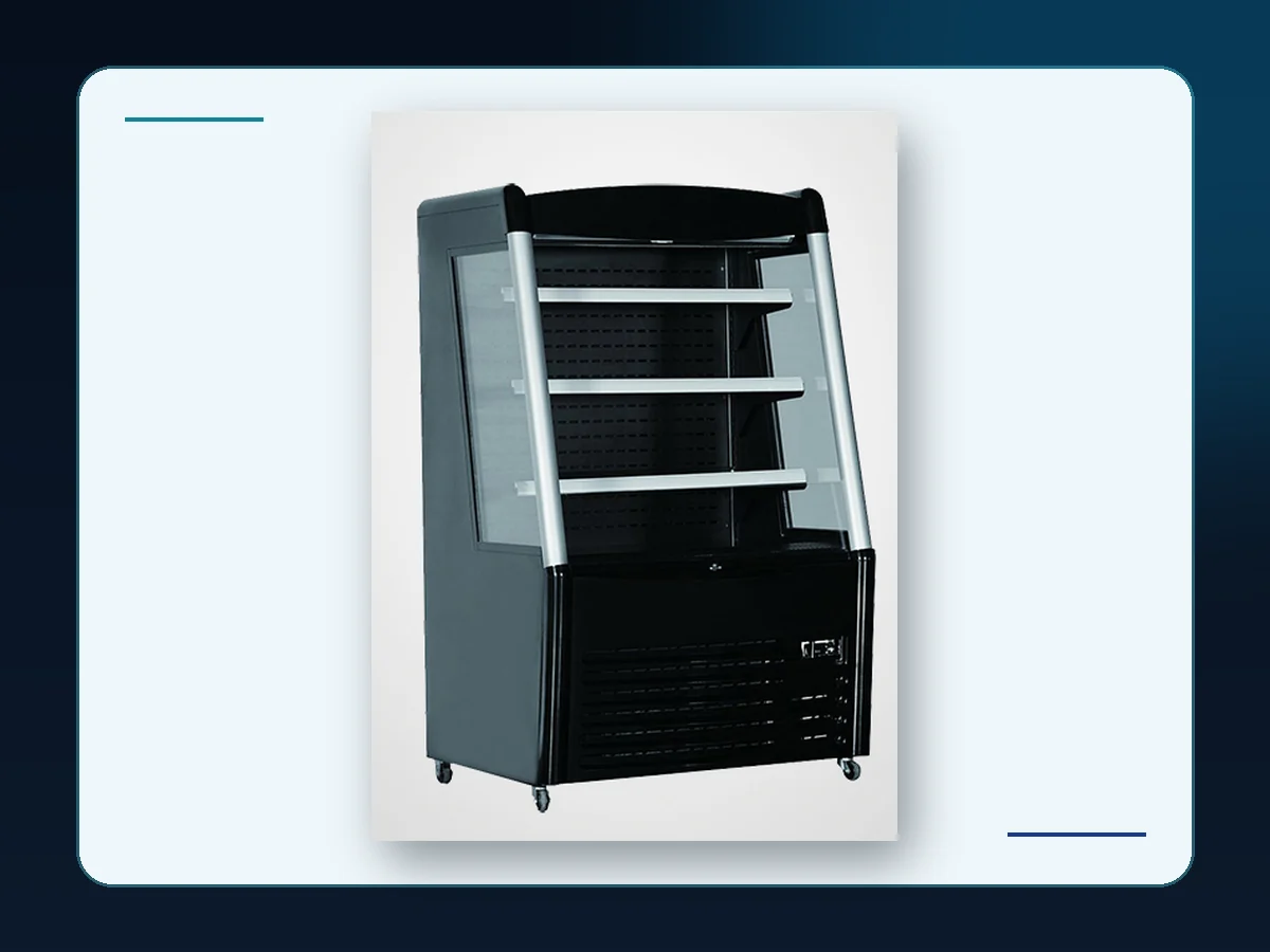 Markool Deep Black Open Merchandiser: black open cabinet with deep shelf decks and a low equipment base