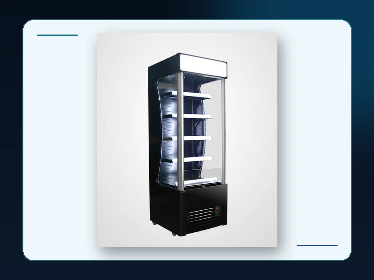 Markool Illuminated Slim Open Cooler: narrow open display with bright side lighting and multiple shelf levels