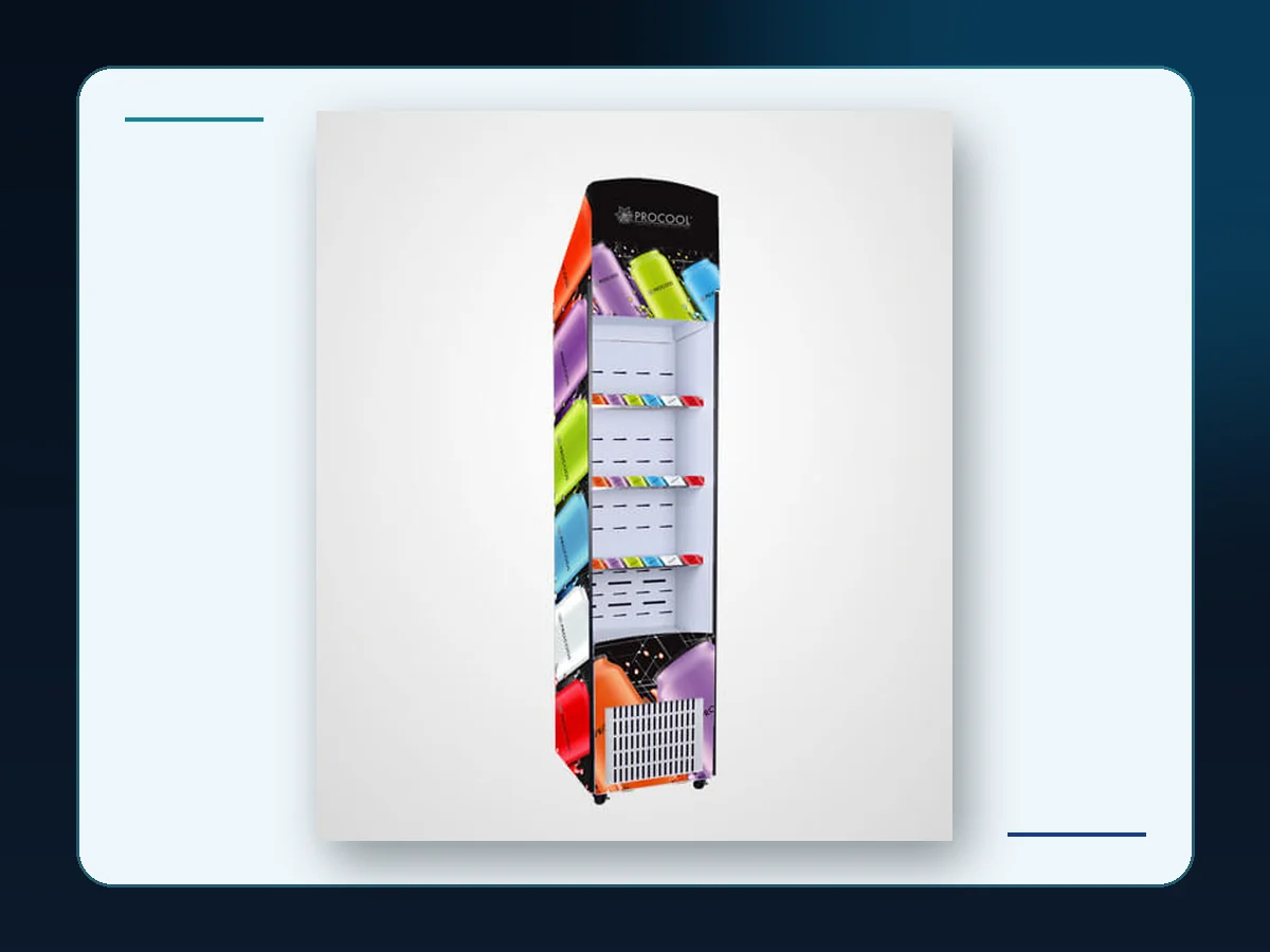 Markool Dark Cardboard Retail Tower: black printed floor stand with compact stacked shelf openings