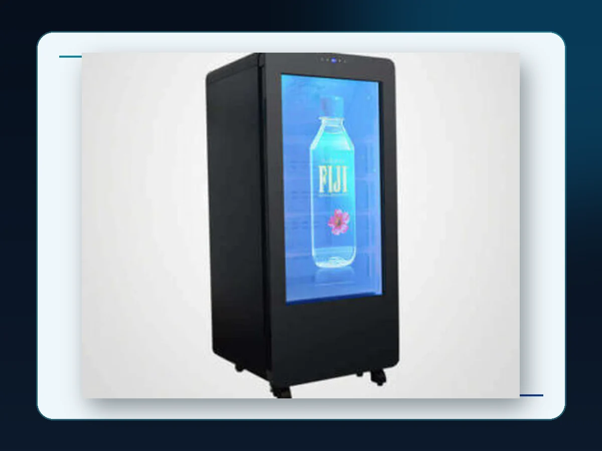 Markool Caster-Base AdScreen Fridge: black wheeled refrigeration cabinet with a bright portrait screen
