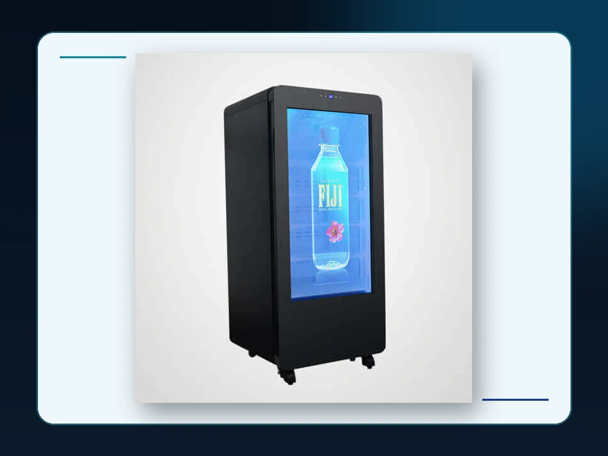 Markool Compact Digital Promotion Cooler: short black cabinet combining a portrait screen with a mobile base