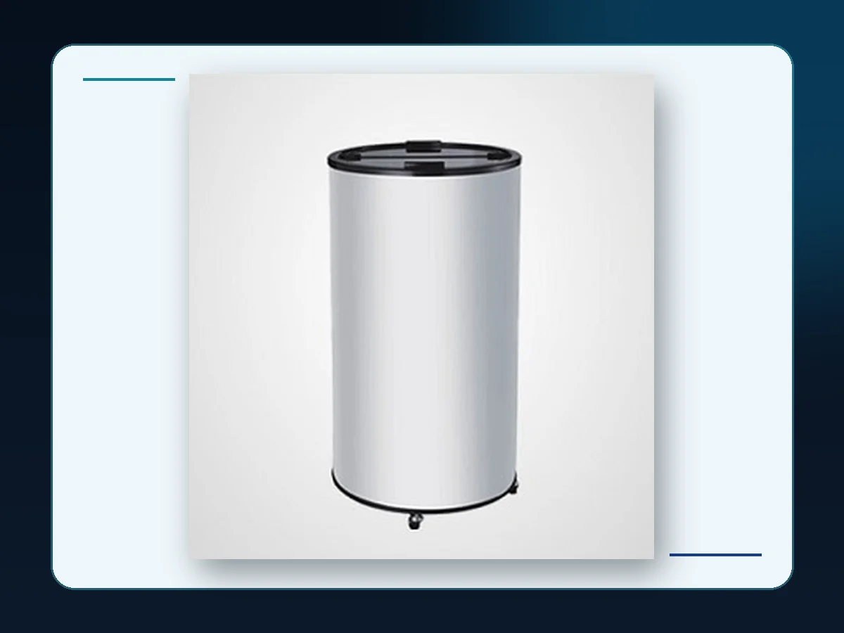 Markool Silver Cylinder Drinks Cooler: brushed-silver round cabinet with compact caster feet