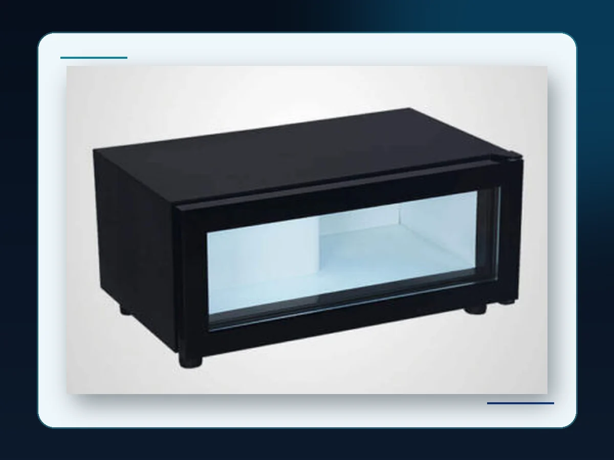 Markool Compact Black Bar Display Case: short wide black cooler with a bright horizontal product opening