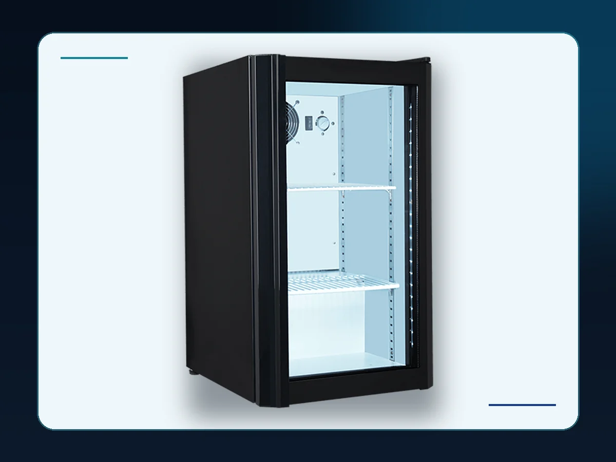 Markool Square Glass-Door Mini Cooler: compact square cabinet with a clear hinged door and two display levels