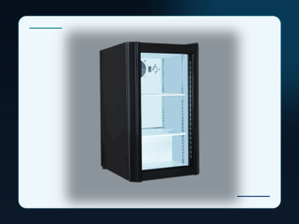 Markool Compact Tabletop Beverage Fridge: short black tabletop fridge with a full-height glass door