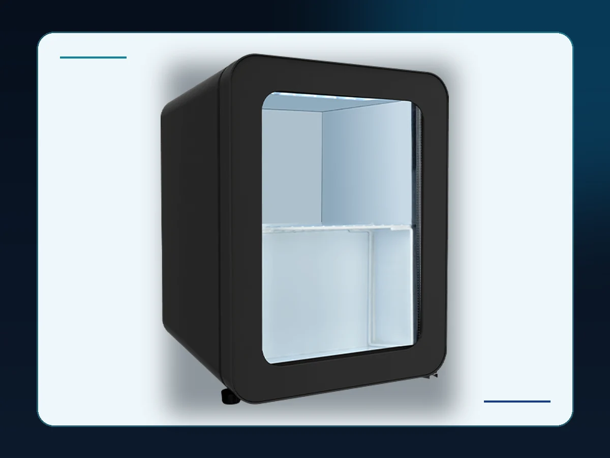 Markool Rounded-Corner Mini Display Fridge: soft-corner black mini cabinet with a wide glass opening