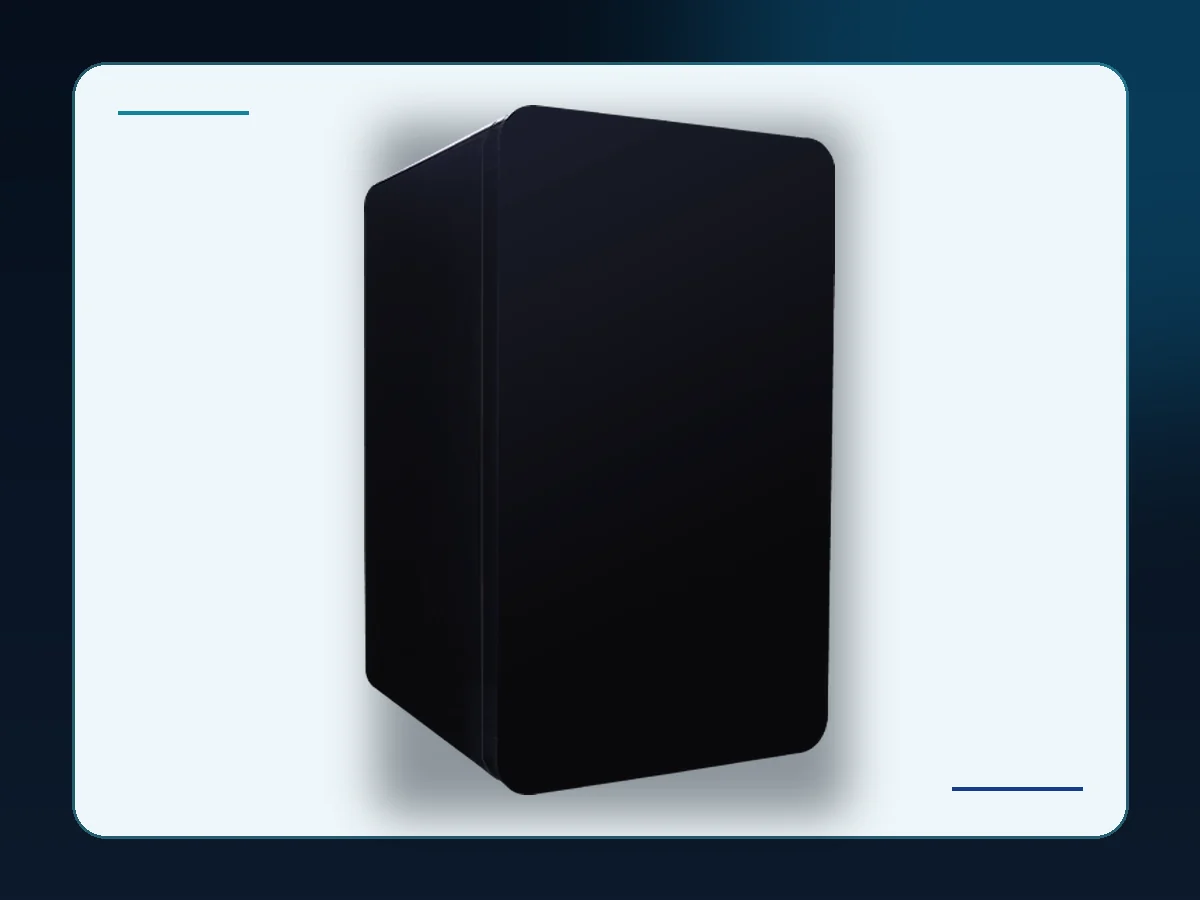 Markool Black Classic Mini Fridge: dark solid-door cube with curved edges and concealed storage