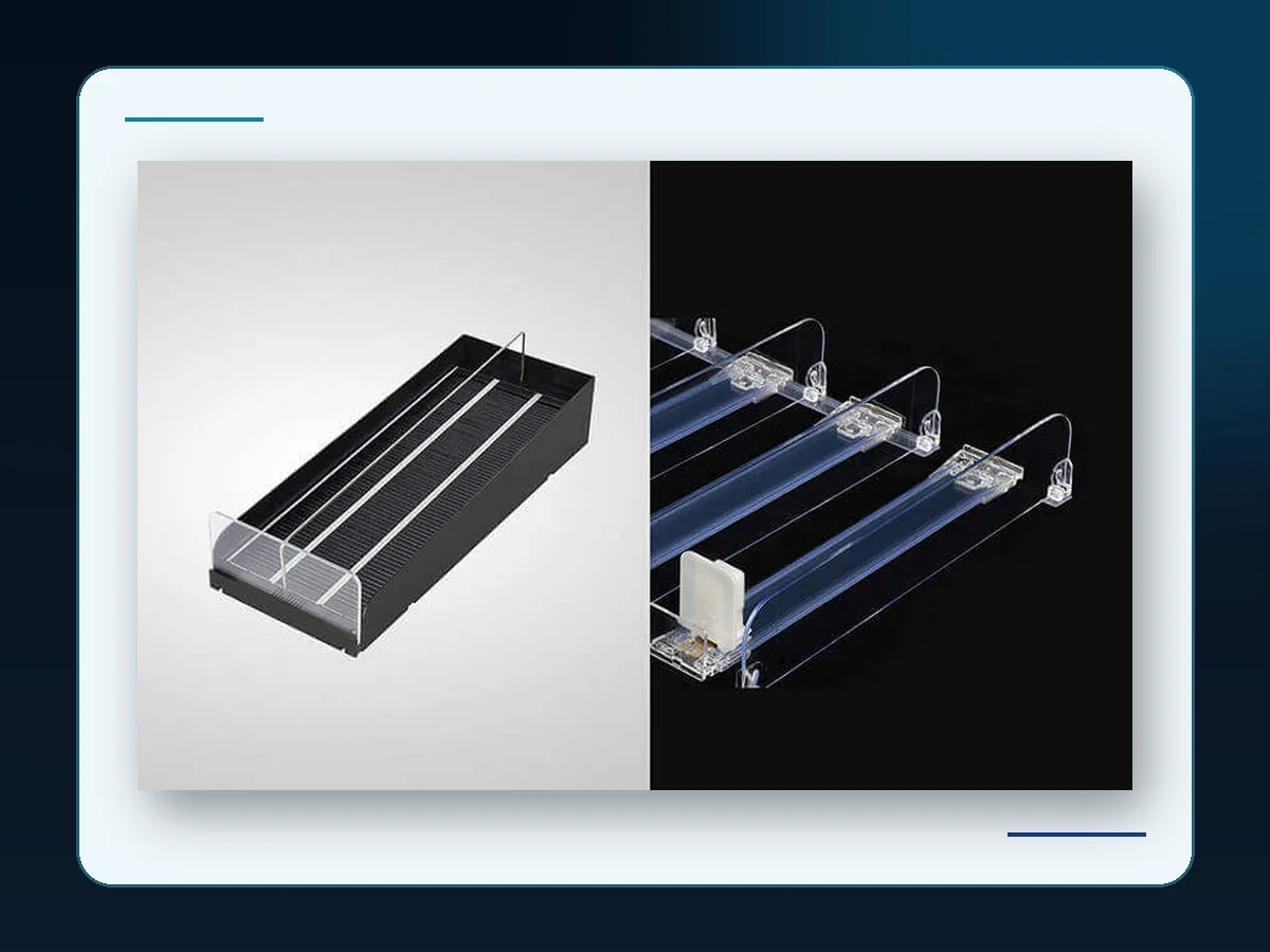Markool Shelf Management Channel Kit: black roller deck and clear gravity-feed dividers for organized product lanes
