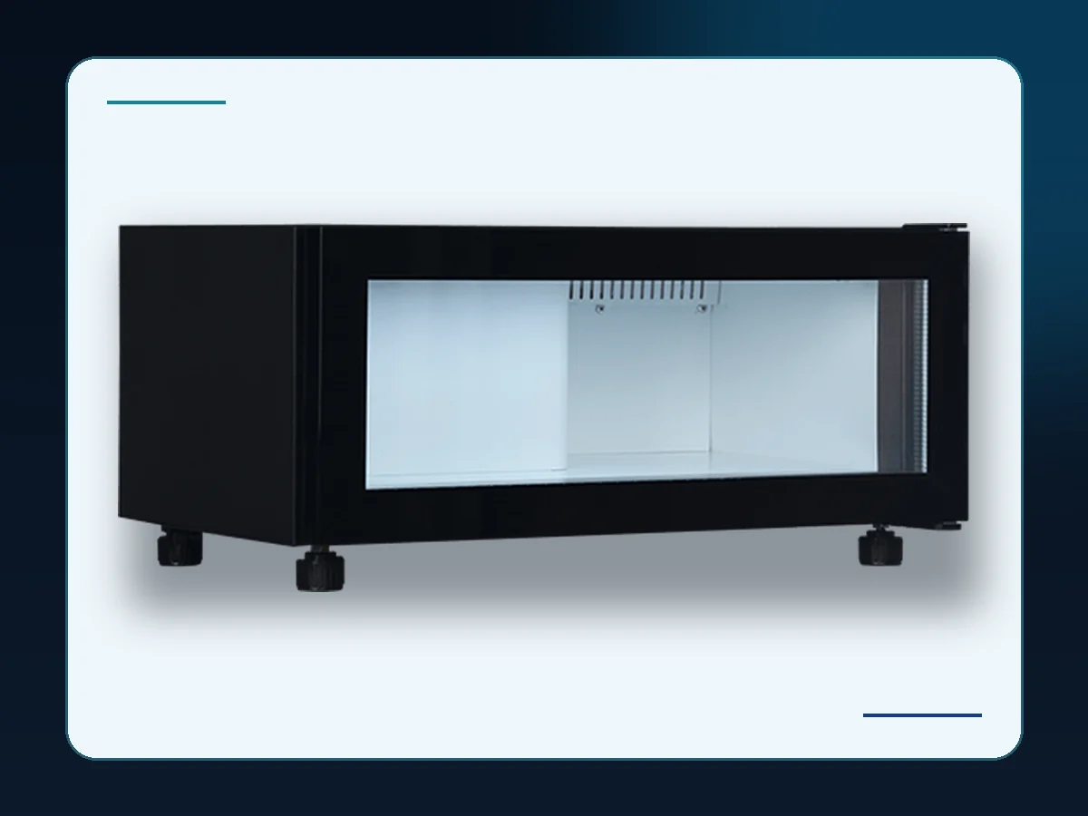 Markool Low-Profile Single-Bay Back Bar: long low black cabinet with one broad glass display bay