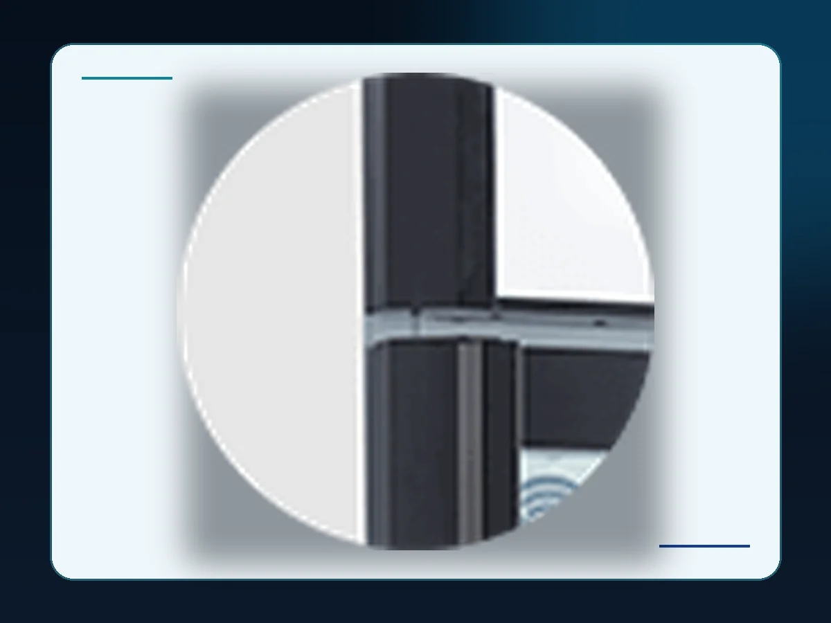 Markool PVC-Frame Glass Door Profile: close-up of a black insulated door corner and polymer frame joint