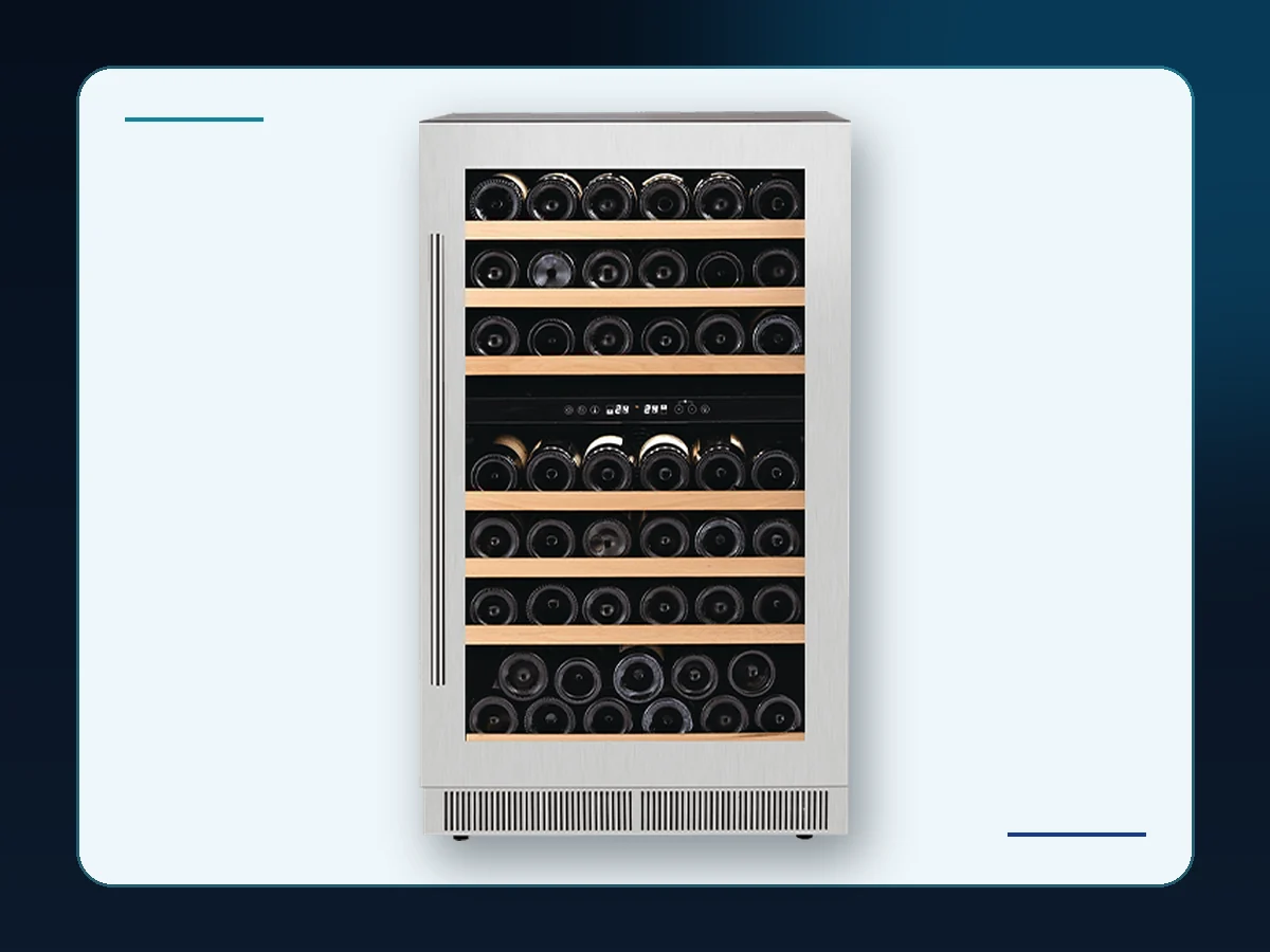 Markool Under-Counter Wine Display Cooler: stainless counter-height cabinet with a central digital control strip