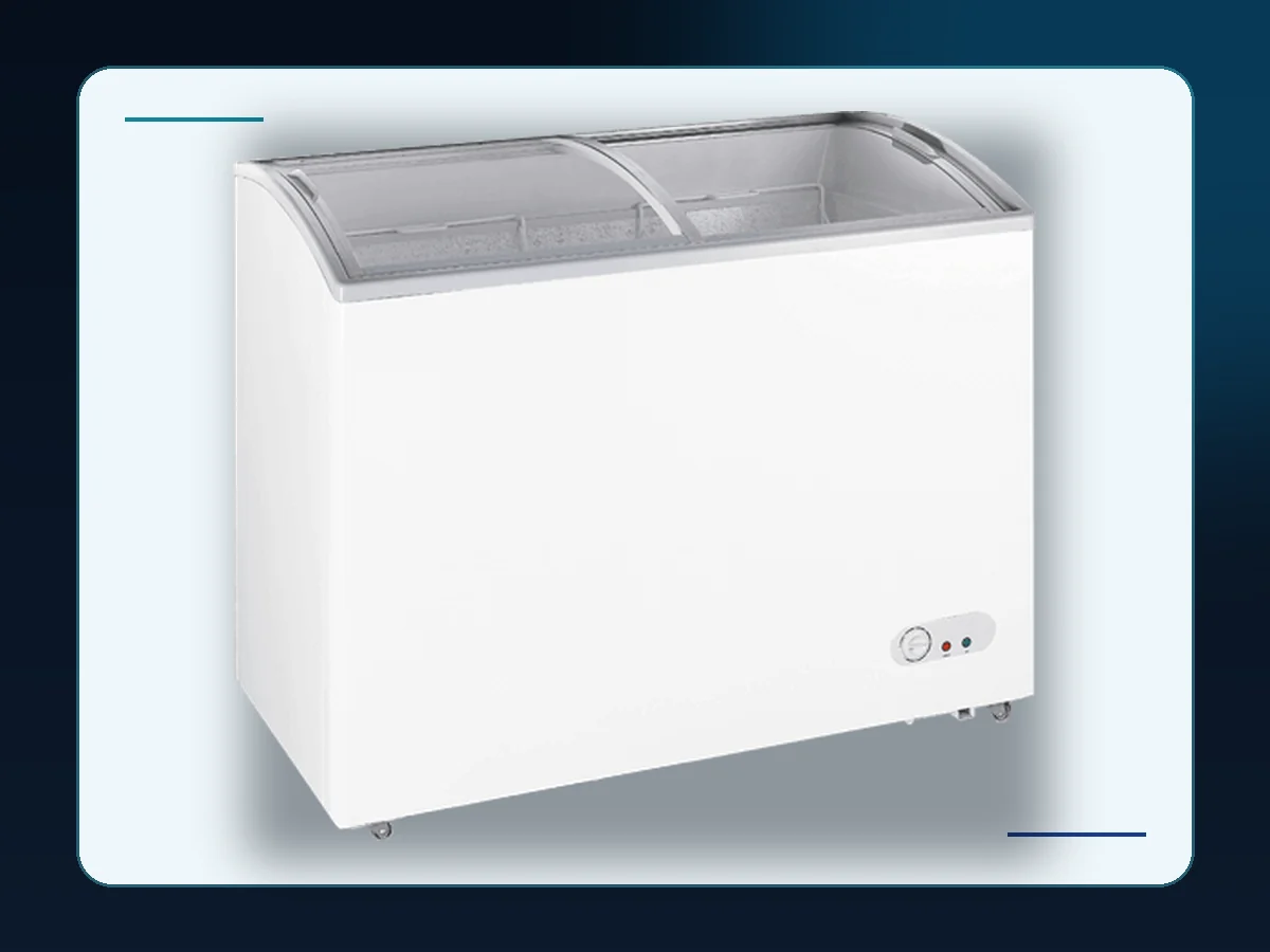 Markool Compact Glass-Top Chest Freezer: small white mobile chest with a clear sliding top