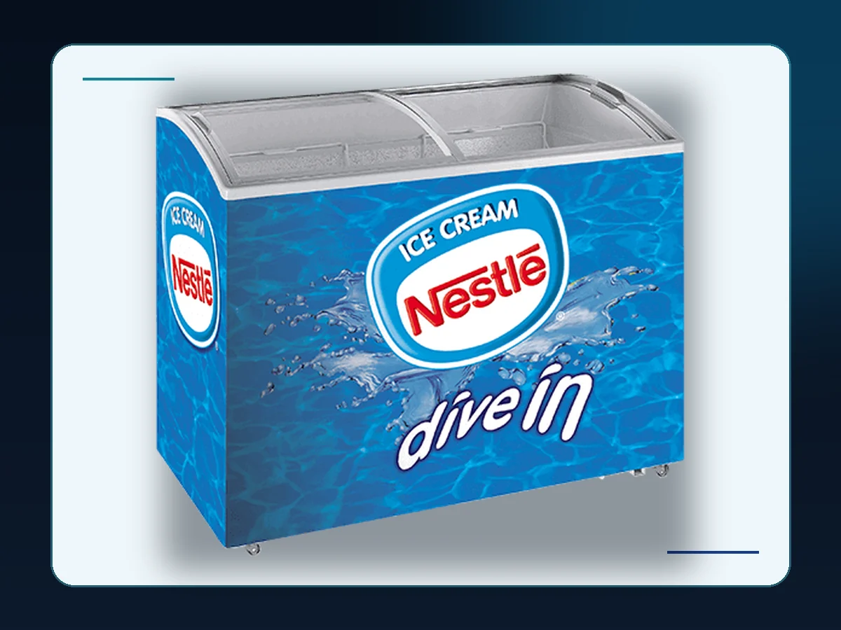 Markool Wrapped Ice Cream Chest Freezer: rectangular glass-top chest cabinet with full side graphics