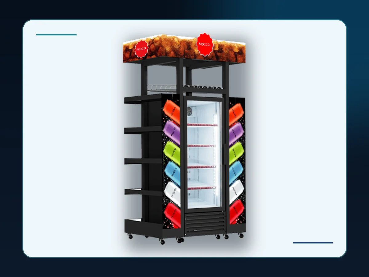 Markool Four-Sided Rotating Display: black freestanding tower with open shelves on multiple faces