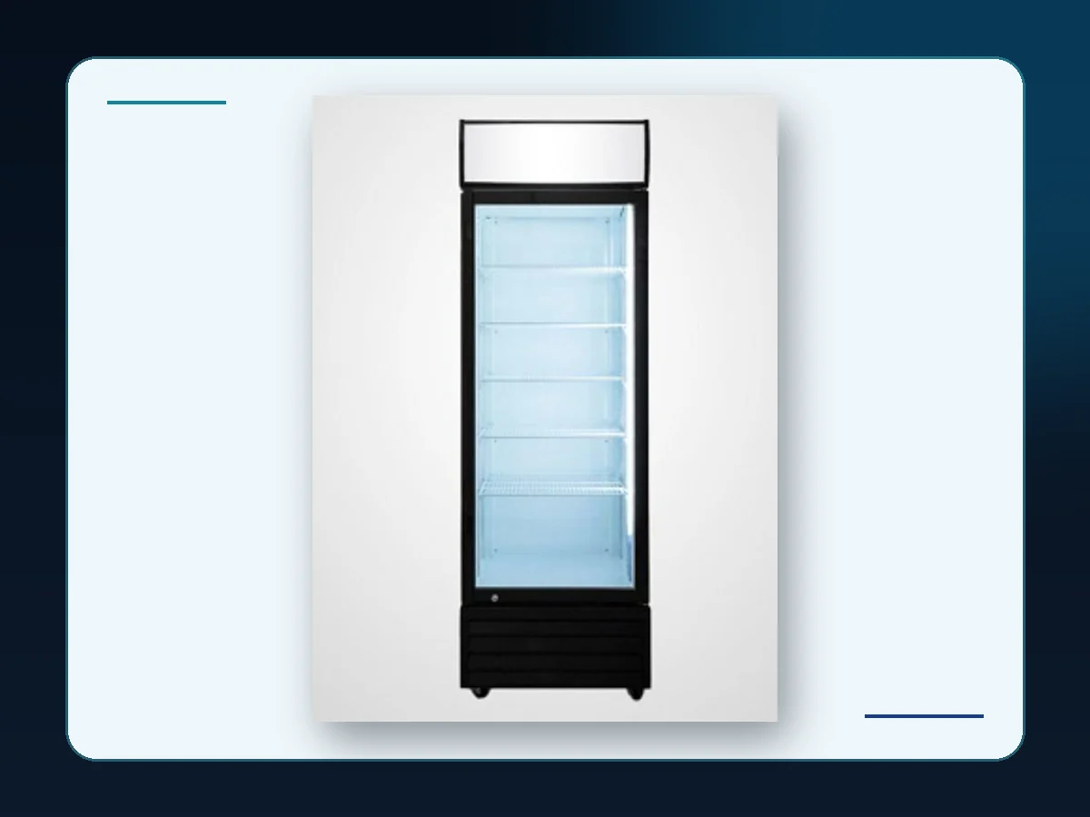 Markool Narrow Glass-Door Drinks Fridge: slender upright cooler with a compact header and multiple shelf levels