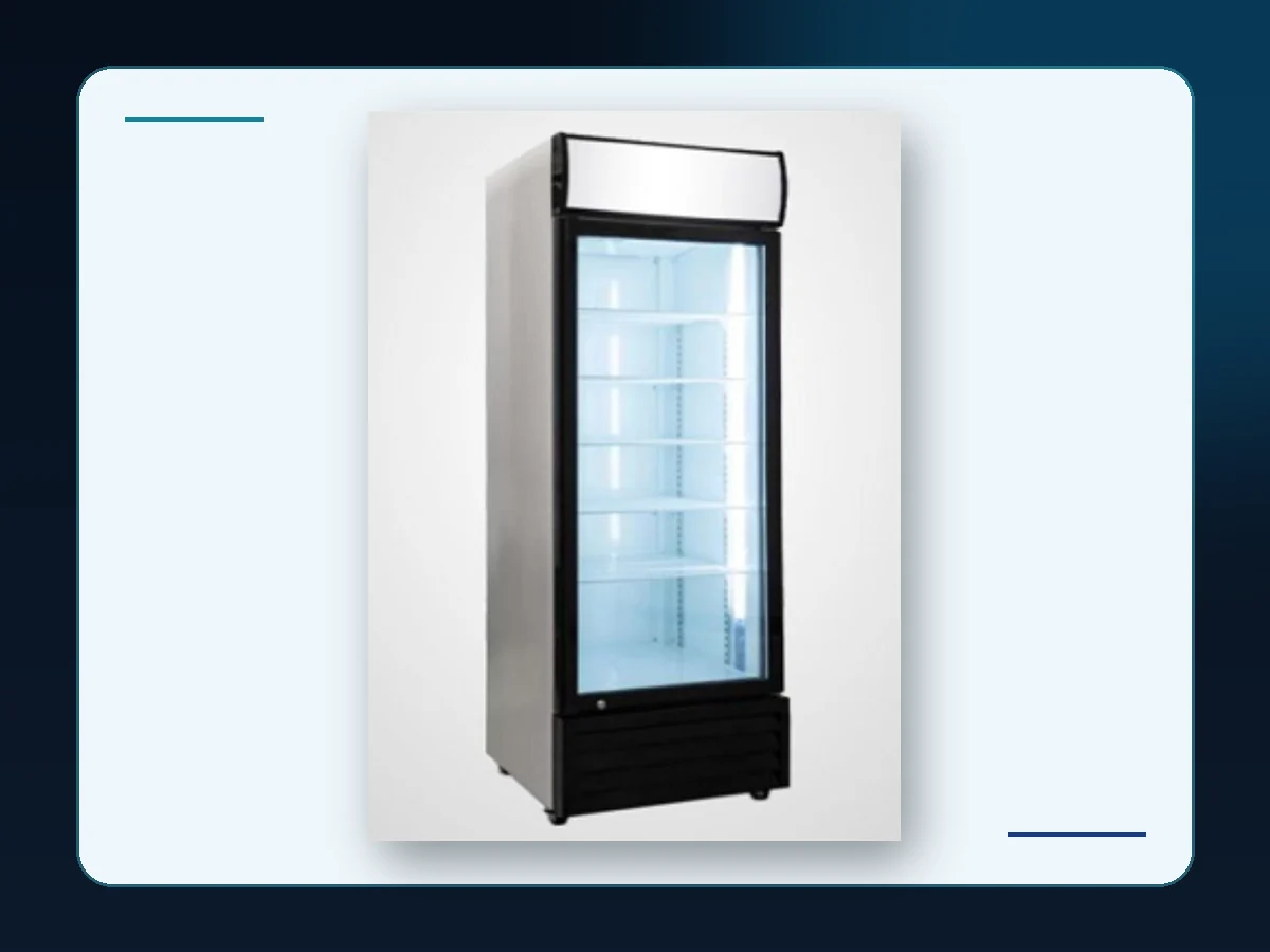 Markool Compact Upright Bottle Cooler: shorter single-door upright with a lit header and adjustable shelving