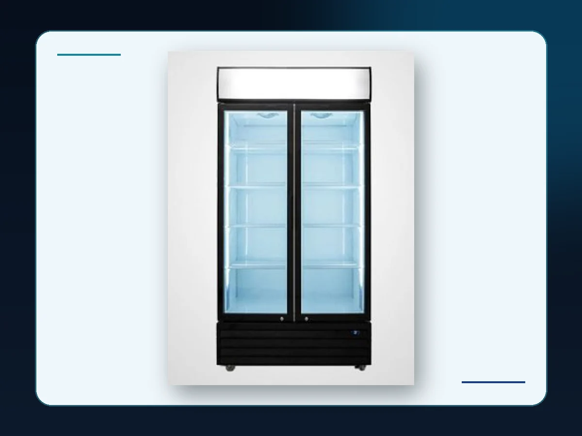 Markool Double-Door Lightbox Display Cooler: two full-height glass doors beneath one illuminated merchandising header