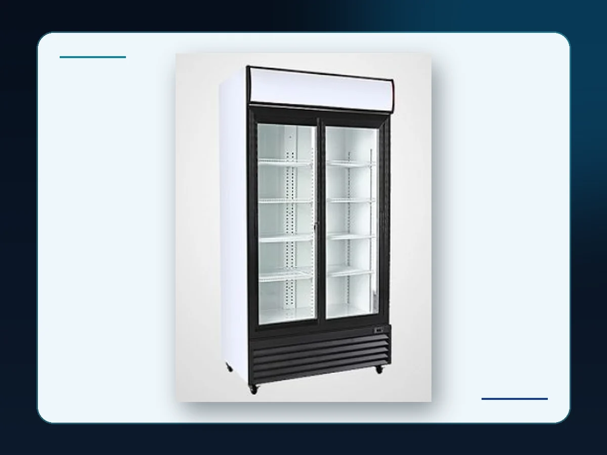 Markool Wide Double-Door Beverage Fridge: two-door black display cabinet with a broad lower grille and tall product view