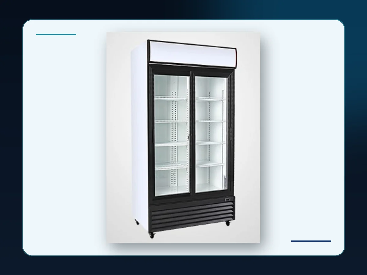 Markool Black-Framed Two-Door Cooler: wide commercial cabinet with twin glass fronts and balanced shelf bays