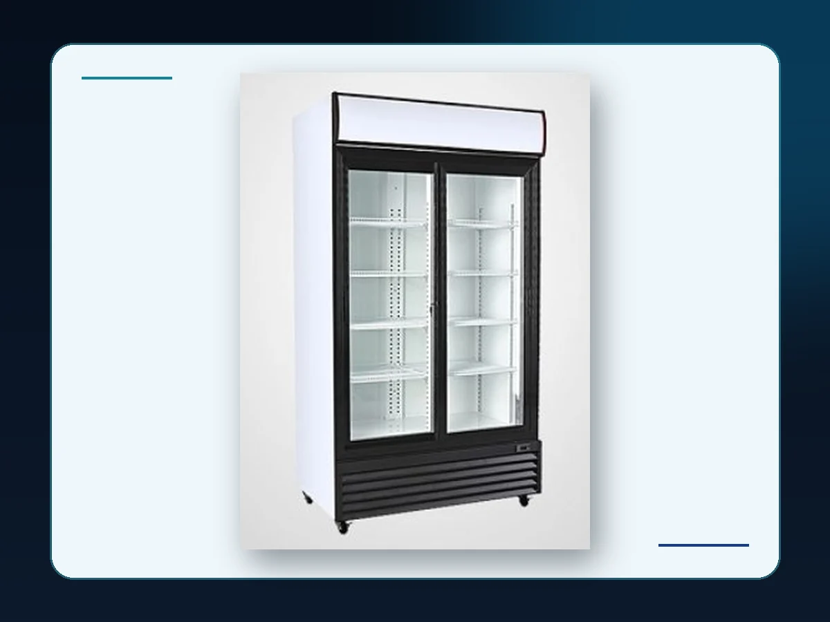 Markool Caster-Base Double-Door Cooler: large twin-door merchandising cabinet with visible adjustable shelves and wheels