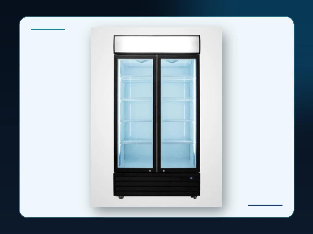 Markool Tall Header Double-Door Fridge: wide two-door cooler with a prominent blank campaign header