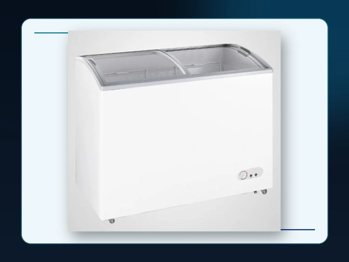 Markool White Sliding-Glass Chest Freezer: wide white chest cabinet with two curved sliding glass lids