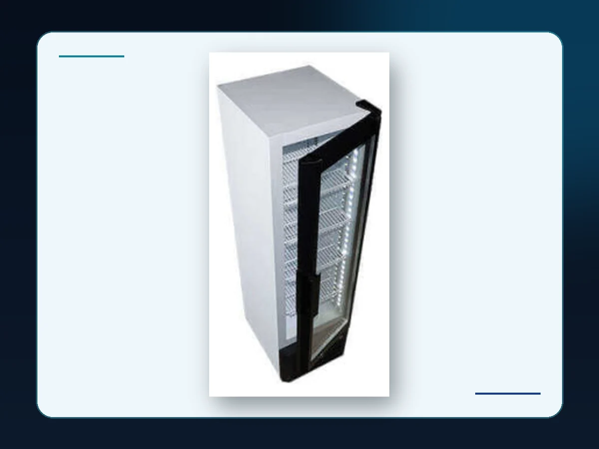 Markool Angled-Door Subzero Display: deep slimline cabinet with a prominent framed glass door