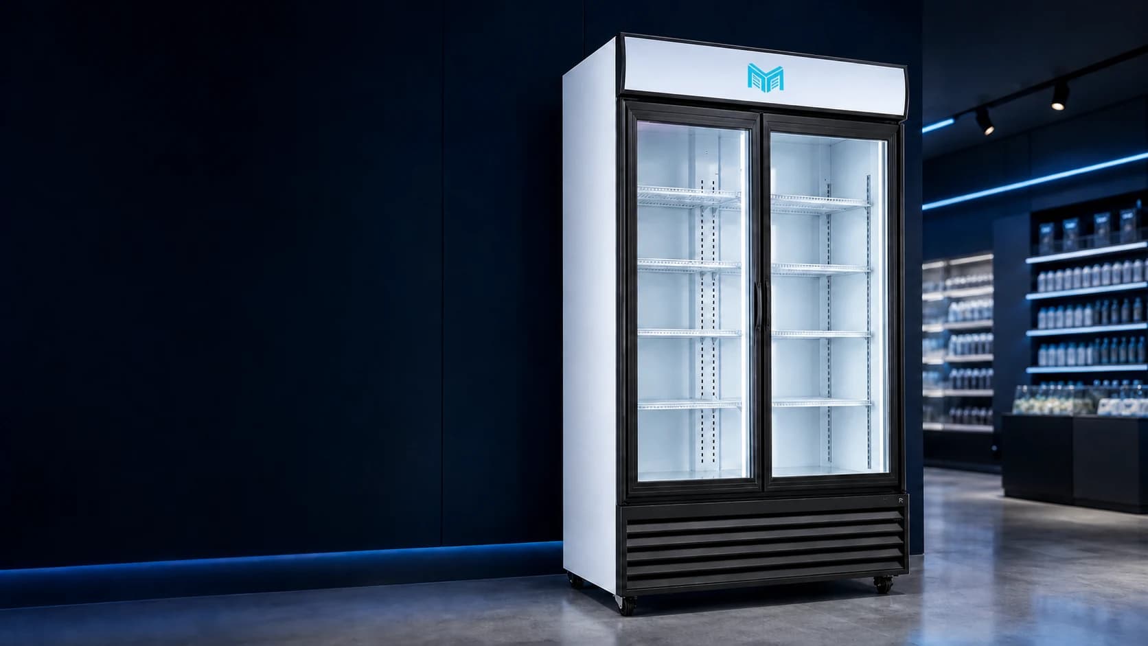 Markool double-door upright commercial display cooler with square Markool logo
